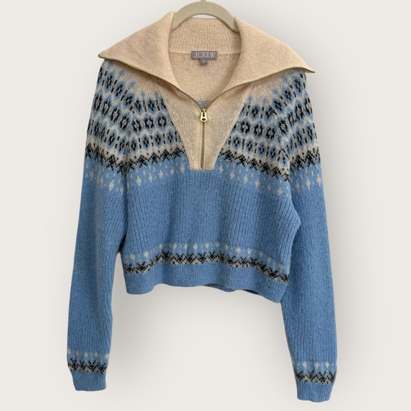 J. Crew Sweaters - J. Crew Fair Isle Alpaca Wool Half Zip Sweater M Blue Cream Cropped Preppy